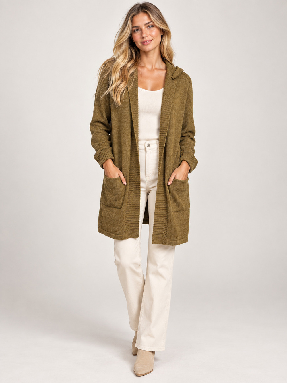 Tahari Hooded Cardigan Olive Cotton Blend Open Front 3X #A4871